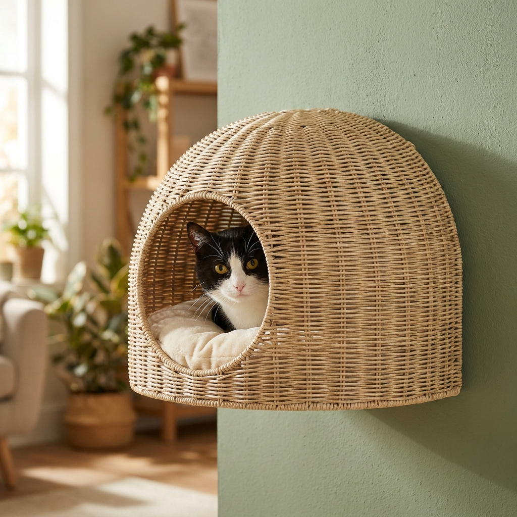 Cat Nest Cozy Cave hooded wall bed with a cat peeking out