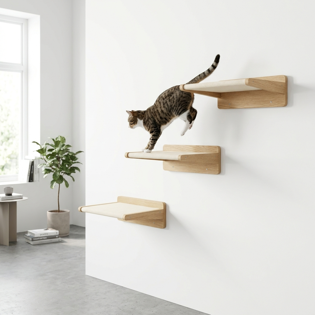 Cat Nest Climb Trio three staggered wall shelves with a cat climbing