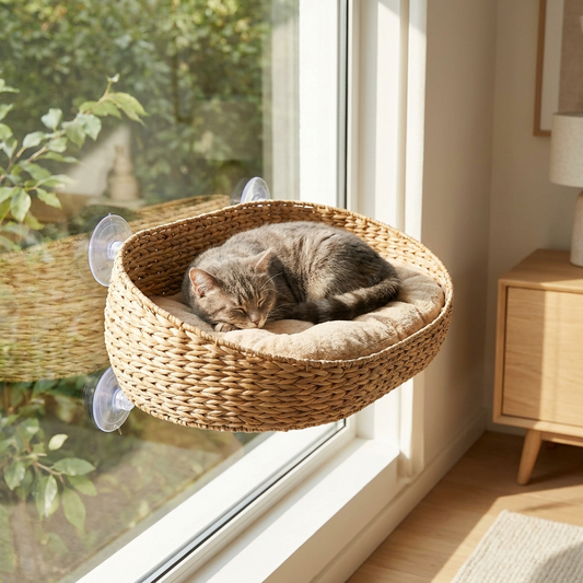 Cat Nest Window Perch mounted on a window with a cat lounging in sunlight